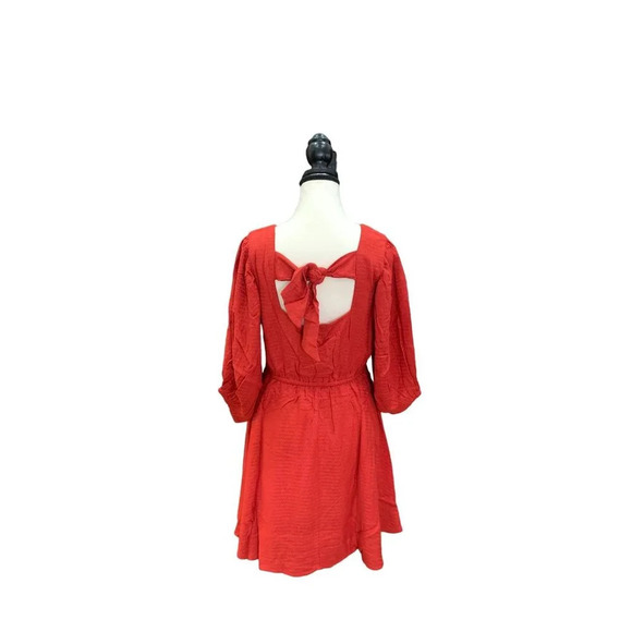 Band of Gypsies Red Square Neck Mini Dress With Puff Sleeves & Back Bow Detail - Picture 5 of 8